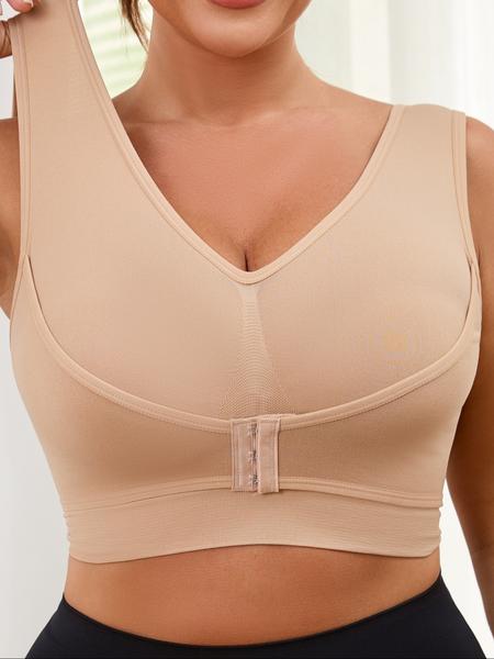 【Plus Size】 Solid Color Push Up Wide Strap Bra, Women's Comfortable Breathable Soft Stretch Bra,No Padding,Front Chest Buckles Design,Women's Lingerie for All Seasons,Ladies Knitted Underwear For Daily or Any Occasion