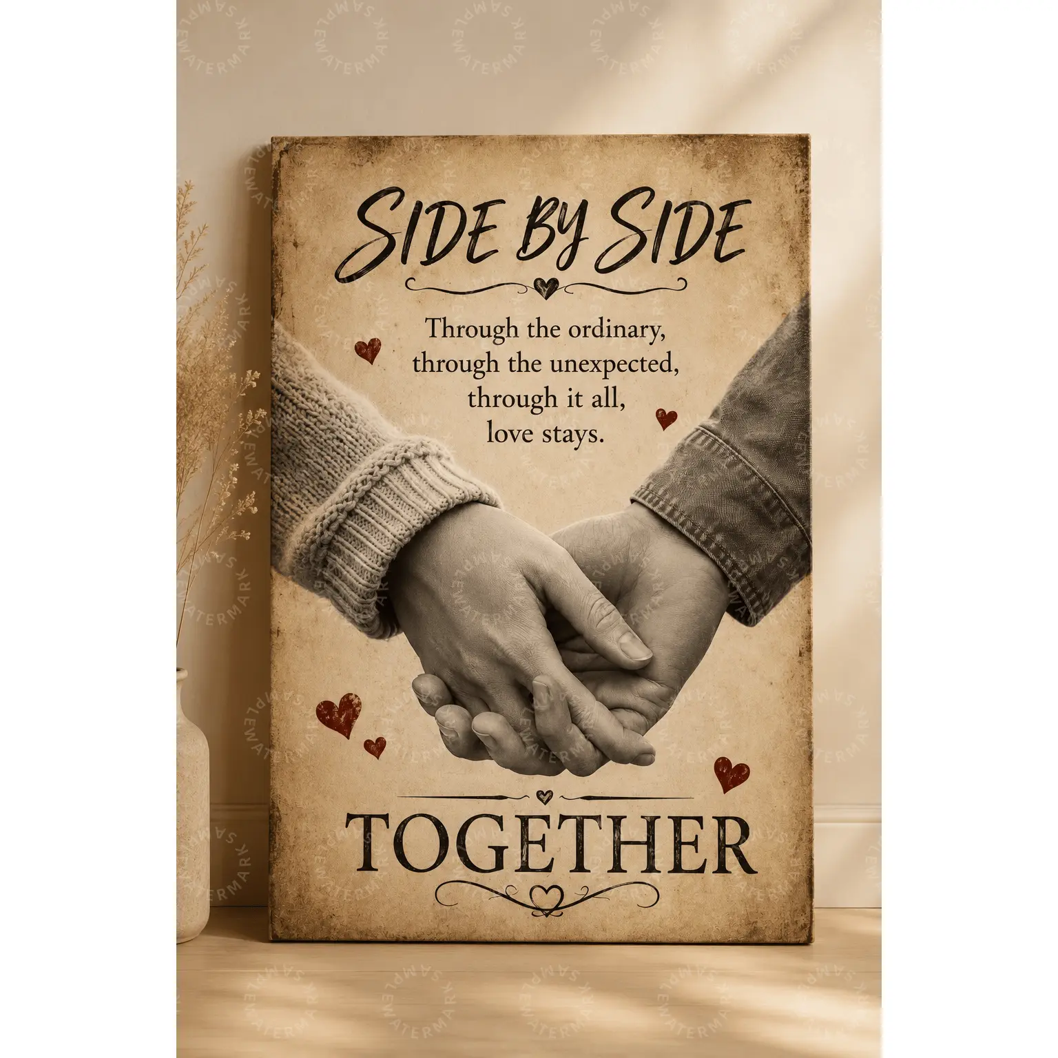 Side by Side Together Love Canvas Poster, Holding Hands Couple Wall Art, Vintage Romantic Quote Print, Bedroom Living Room Decor, Wedding Anniversary Gift, Love Lives Here Aesthetic Poster
