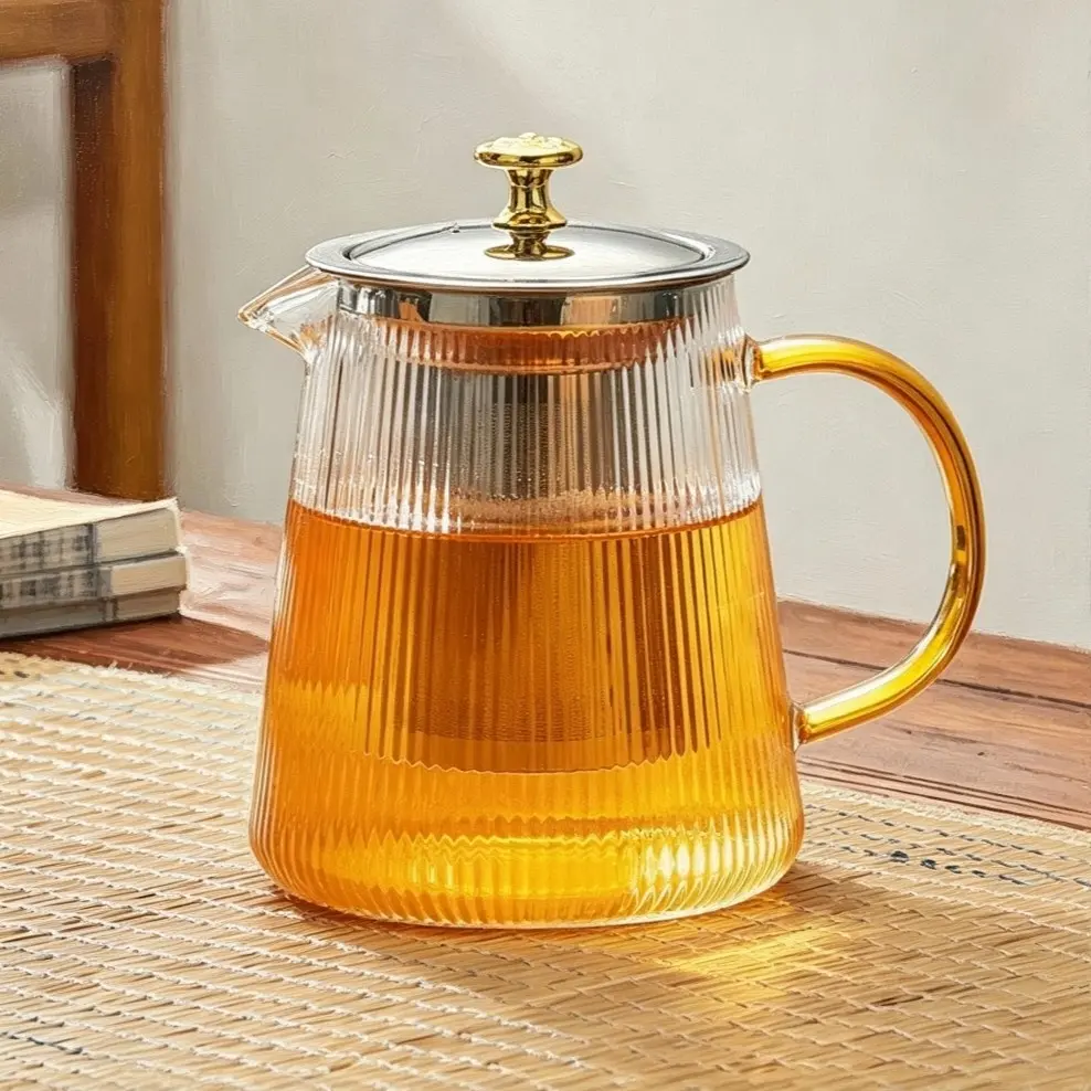 Vertical Ribbed Borosilicate Glass Tea Maker, Teapot with Infuser, Removable Stainless Steel Loose Leaf Infuser, Food‑Grade Lead‑Free Stovetop & Dishwasher Safe, Boil‑and‑Brew Teapot for Black Tea, Perfect for Tea Time, Home Kitchen Use