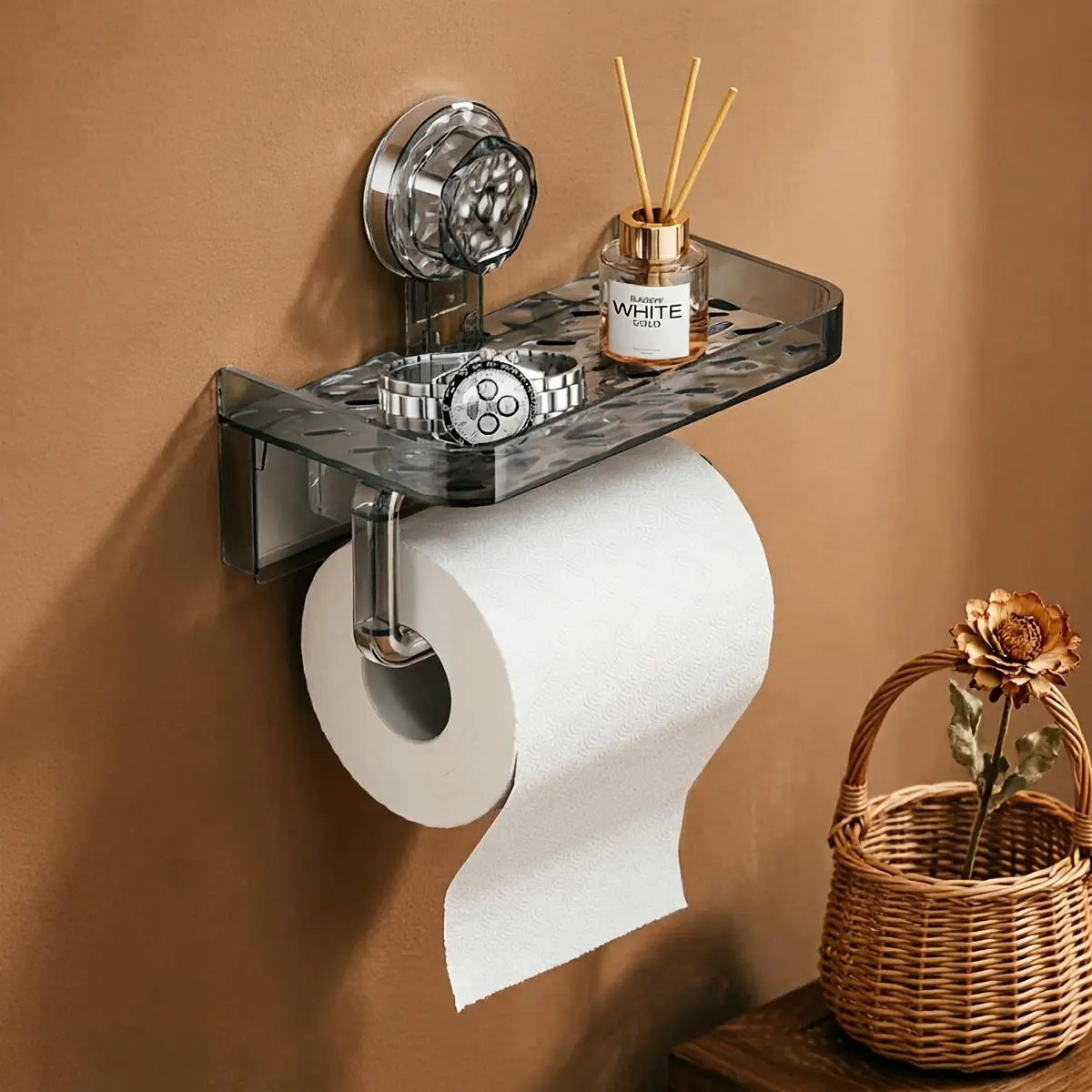 No Drill Suction Cup Toilet Paper Holder - Adhesive Suction Design, No Drilling Required, Strong Load-Bearing Bathroom Gadget with 2-in-1 Function for Holding Phone, Watch, Toiletries, No Drill Toilet Paper Holders, Adhesive Suction Design Toilet Paper Ho