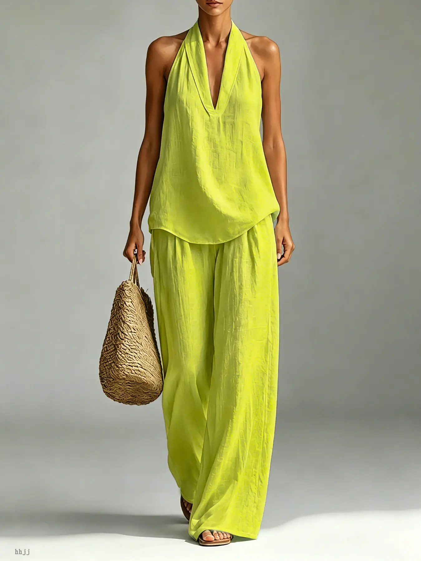 Tiktok Trendy Home Wear Set, High-End Simple Casual Loose Fit, Halter V Neck Sleeveless Design, Wide Leg Pants, Perfect for Home and Outdoors