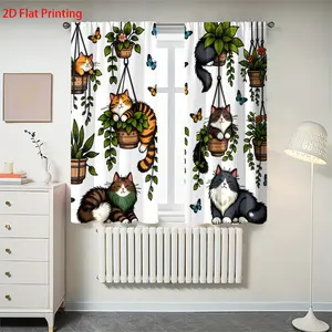2 pieces of high-definition digital hanging basket cartoon cat print curtains, semi-transparent for privacy protection, fade-resistant, machine washable and hand washable, suitable for bedrooms and living rooms, home decoration items