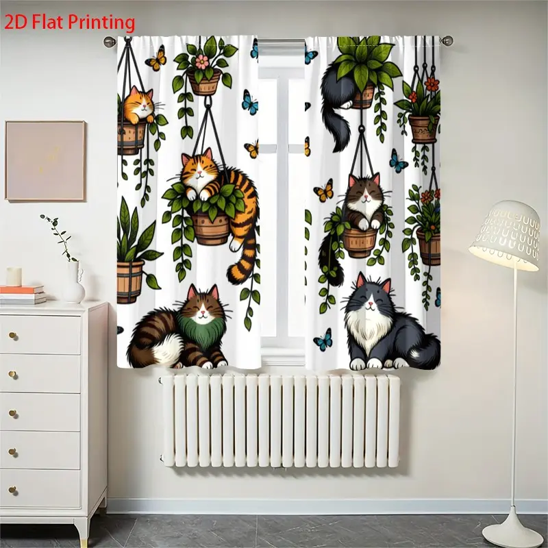 2 pieces of high-definition digital hanging basket cartoon cat print curtains, semi-transparent for privacy protection, fade-resistant, machine washable and hand washable, suitable for bedrooms and living rooms, home decoration items