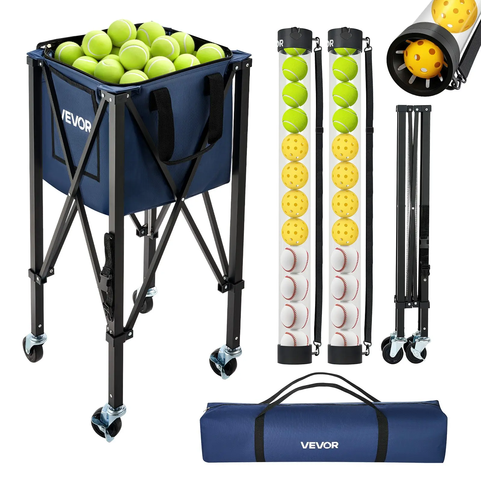 VEVOR 2-in-1 Tennis & Pickleball Hopper, with Pickup Tube, Foldable Pickleball Basket Cart with with Wheels, Holds 150 Tennis Balls or 260 Pickleballs, Portable Pickleball Caddy Holder, for Training