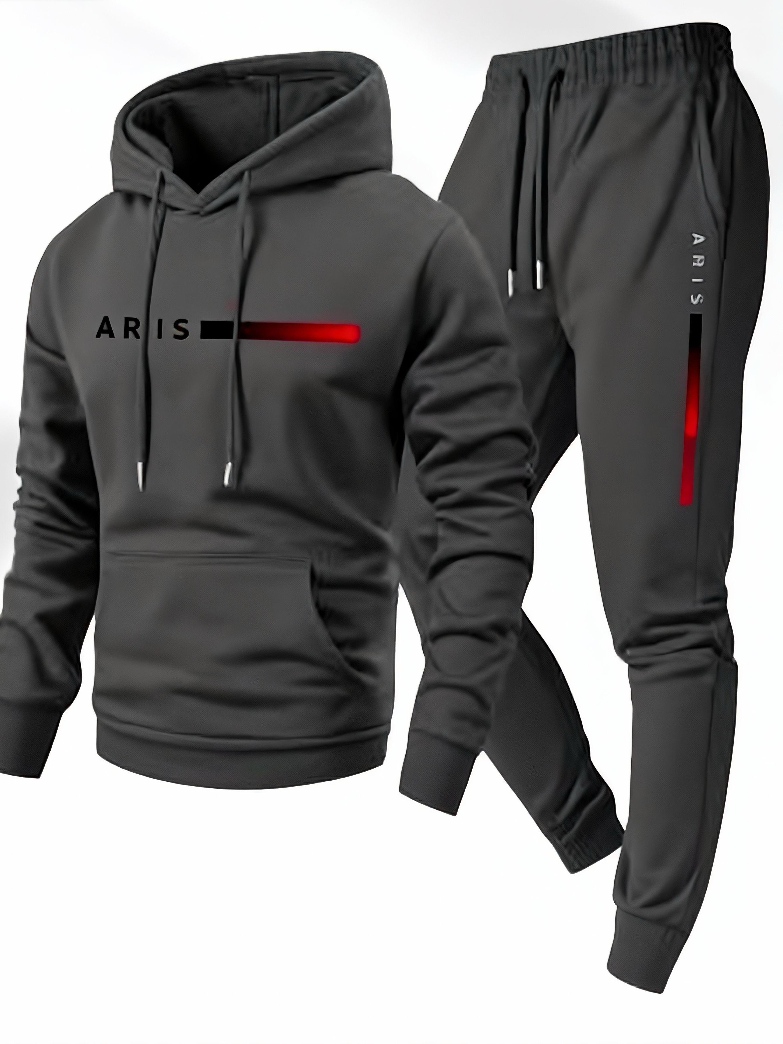 Men's Casual Hoodie Tracksuit 2 Piece Set - Light Gray Fashion Letter Print Sweatshirt + Drawstring Jogger Pants Sportswear for Daily/Leisure