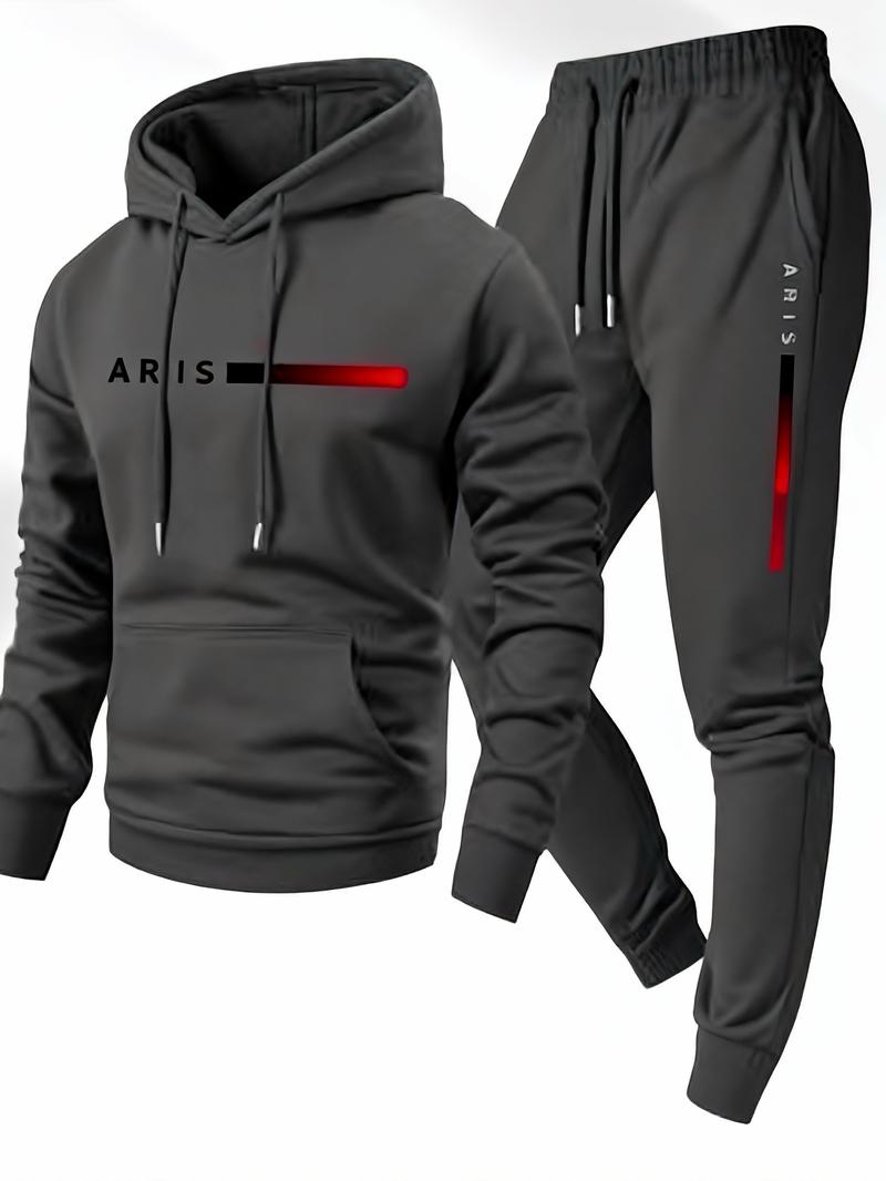 Men's Casual Hoodie Tracksuit 2 Piece Set - Light Gray Fashion Letter Print Sweatshirt + Drawstring Jogger Pants Sportswear for Daily/Leisure