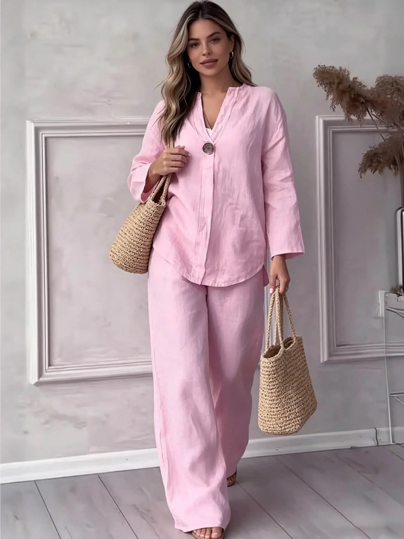 Two-piece women's pure-color thin set, including a single-button, Long sleeve blouse and high-waisted draping wide-leg pants, suitable for spring and summer, perfect for beach trips, coffee shops