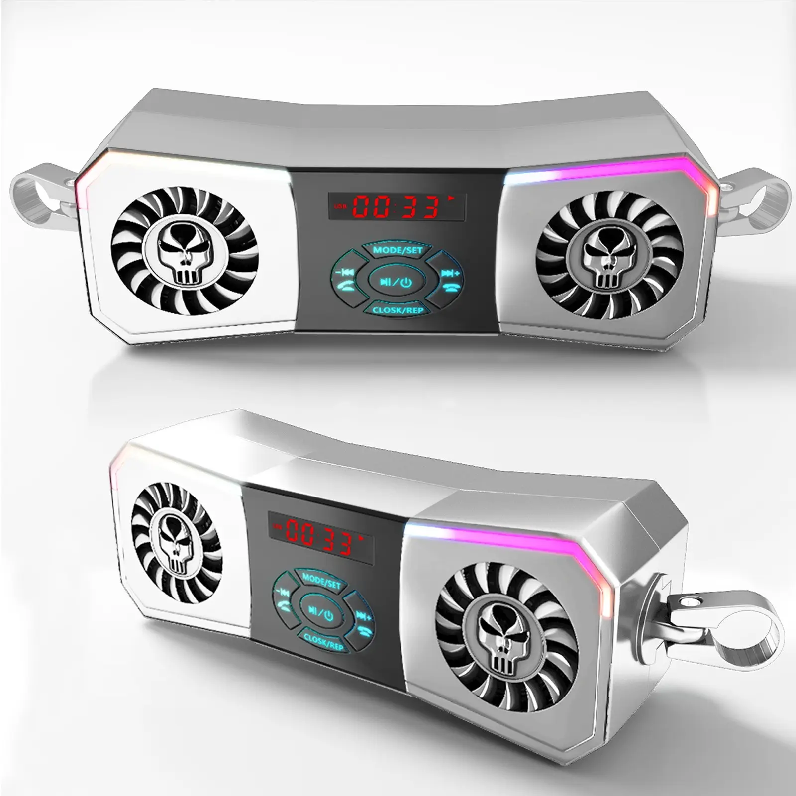 Silver Skull Motorcycle Speaker, Audio Sound System, Fm Radio, USB Mp3 Player, Aux Input, Hands-Free Call, RGB Lights, 12V Power, Full-Range Speaker, Motorcycle Handlebar Speakers