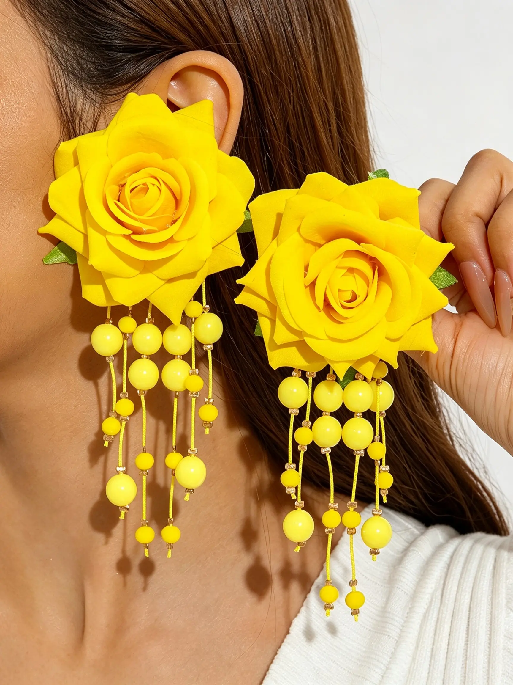 Elegant Rose Flower Dangle Earrings, Round Fringe Pendant Studs, Ideal Gift for Women, Perfect for Daily Wear and Parties, Spring Summer New Arrival, Dangly Earrings