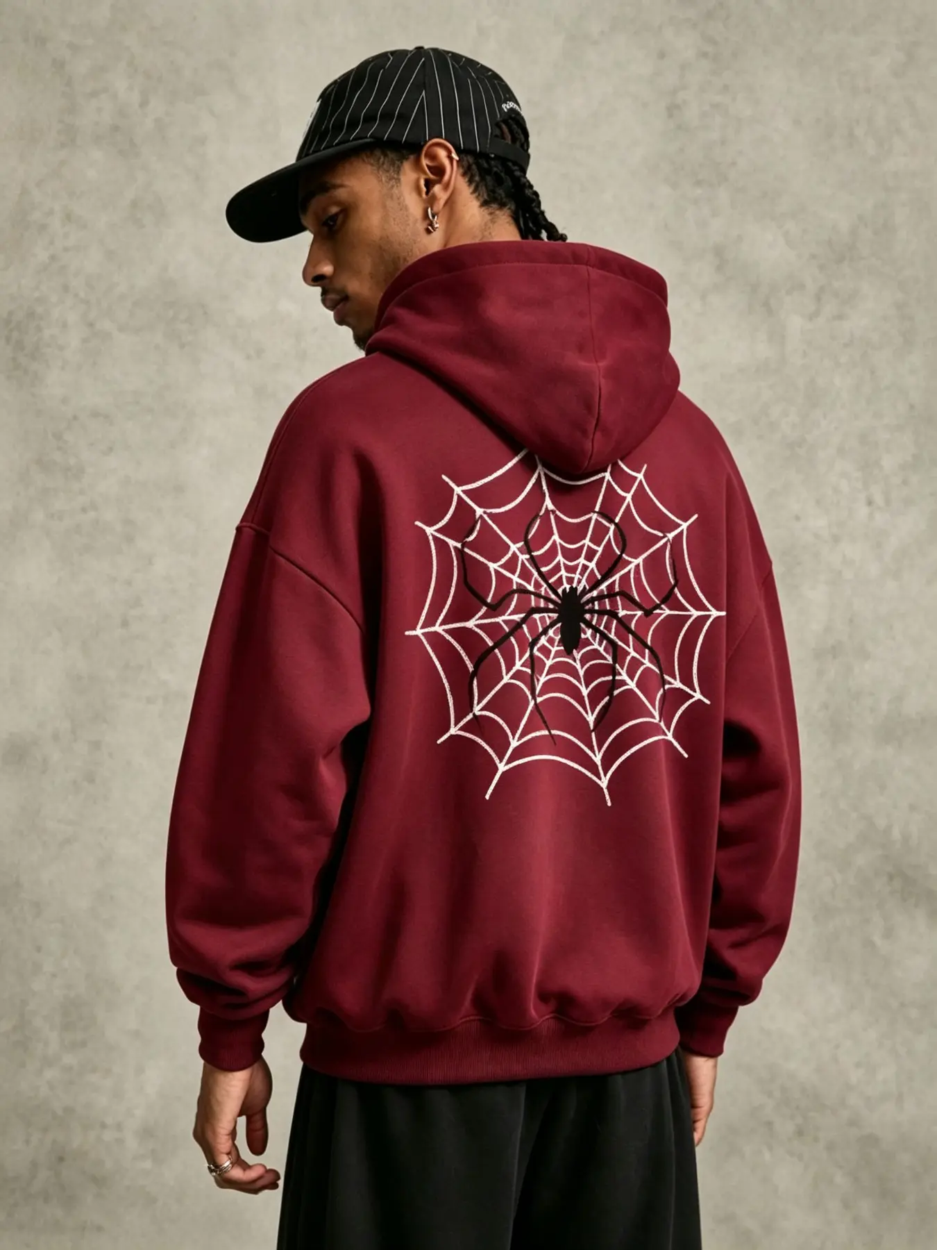 Men's Hooded Pullover Sweatshirt, Oversized Fit, Back Spider Web Print, Fleece Lined, Warm & Cozy, Casual Street Style For Fall & Winter
