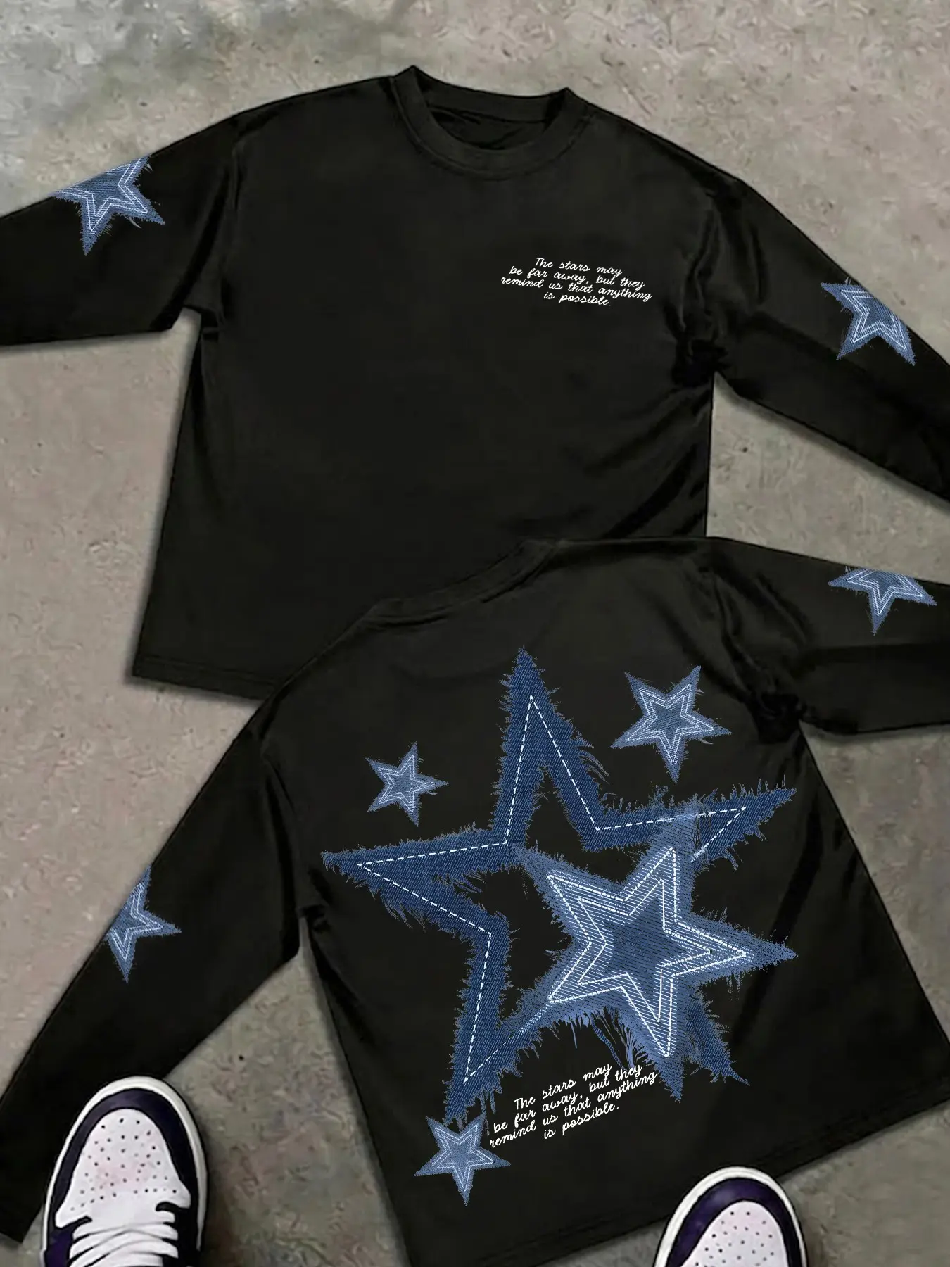 Unisex Star Letter Long Sleeve Fitted Top, Casual Style Tee, Casual Streetwear All-Season Clothing, Ideal for Parties, Picnics, Camping, Spring & Autumn