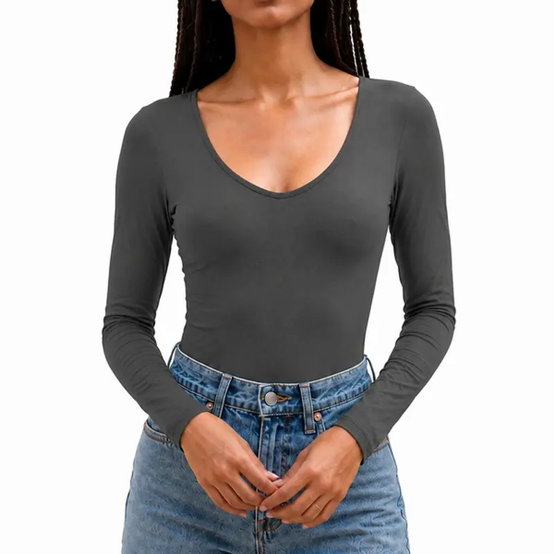 Long Sleeve Bodysuit for Women, Crew Neck Stretch Top for Work Outfits, Travel and Weekend Style