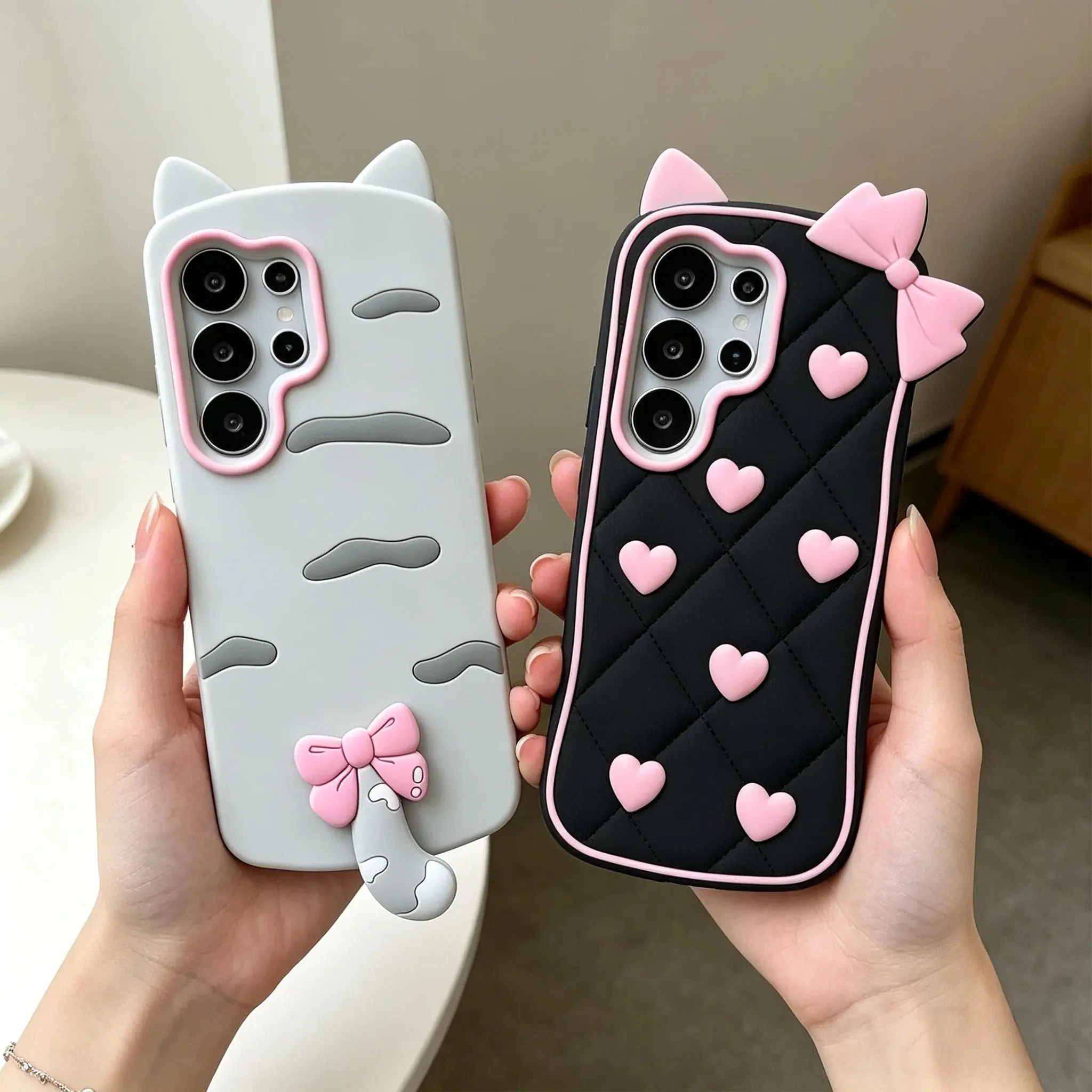 3D Cartoon Kitten Bowknot Case For Samsung Galaxy S26 S25 S24 S23 Ultra FE A57 A37 A07 A56 A36 A26 A17 A16 A15 A35 A55 A54 A24