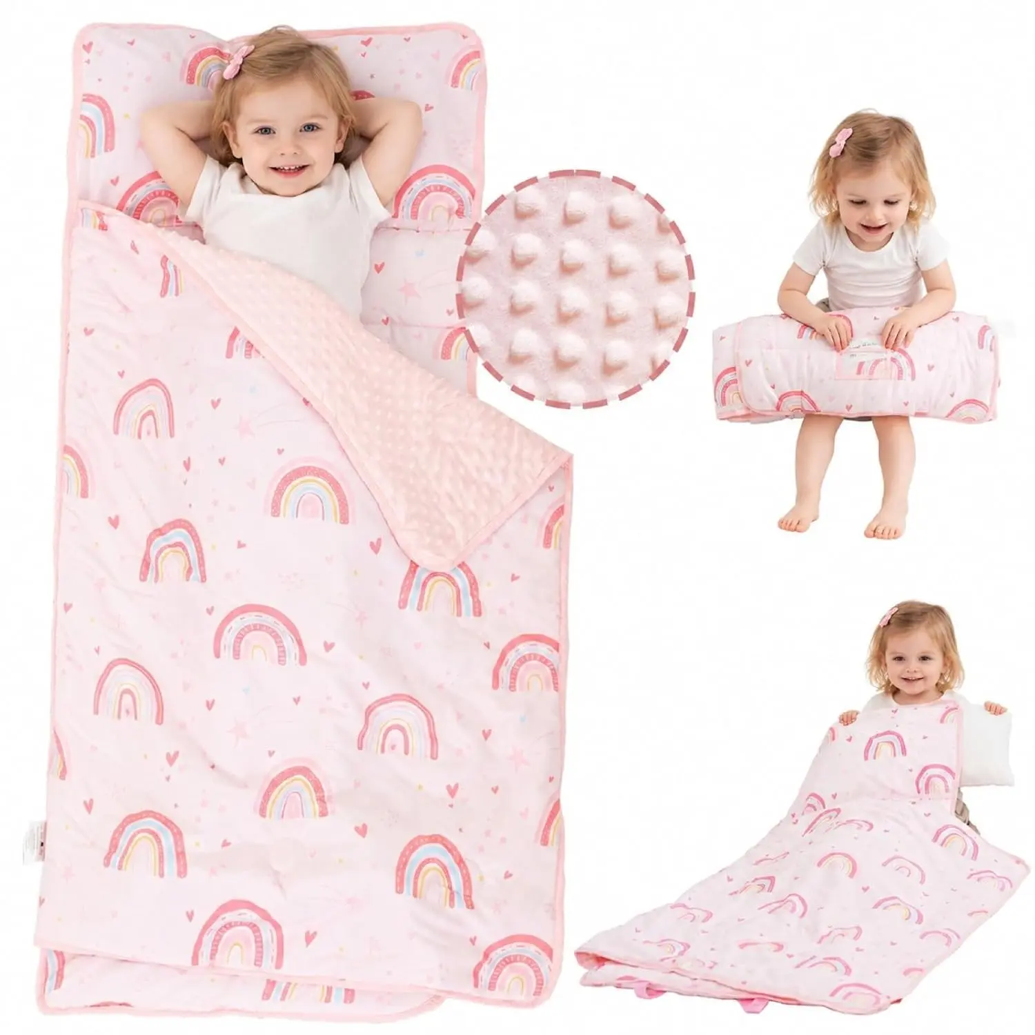 Toddler Nap Mat with Pillow and Minky Dot Blanket, Large Thick Rolled Sleeping/Slumber Bags, Kids Girls Sleeping Mat for Preschool, Daycare, Kindergarten, Travel Camping- Pink Rainbow
