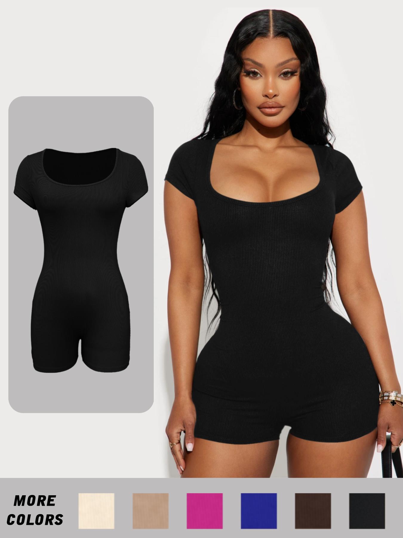 Women's Solid Scoop Neck Skinny Romper, Casual Short Sleeve Bodycon Romper, Lady's Summer Clothes for Daily Wear