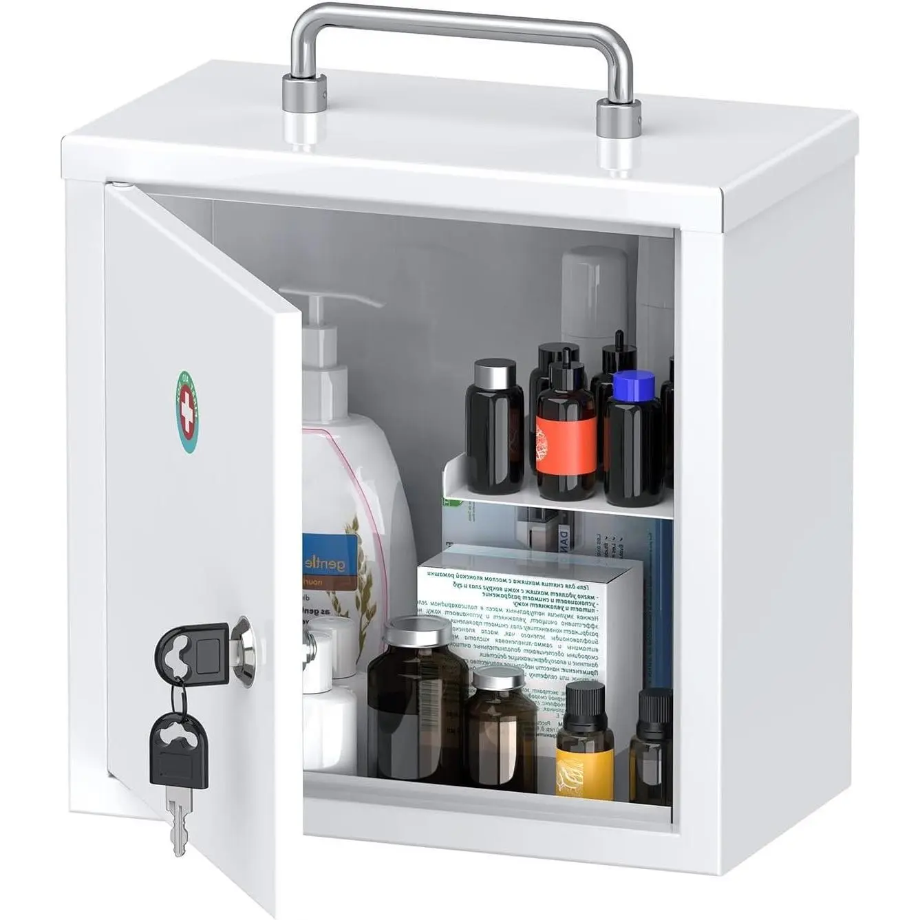 Locking Medicine Cabinet with Keys, Wall Mount Medication Lock Box, Lightweight Steel Body, Foldable Handle, Home & First Aid StorageGift