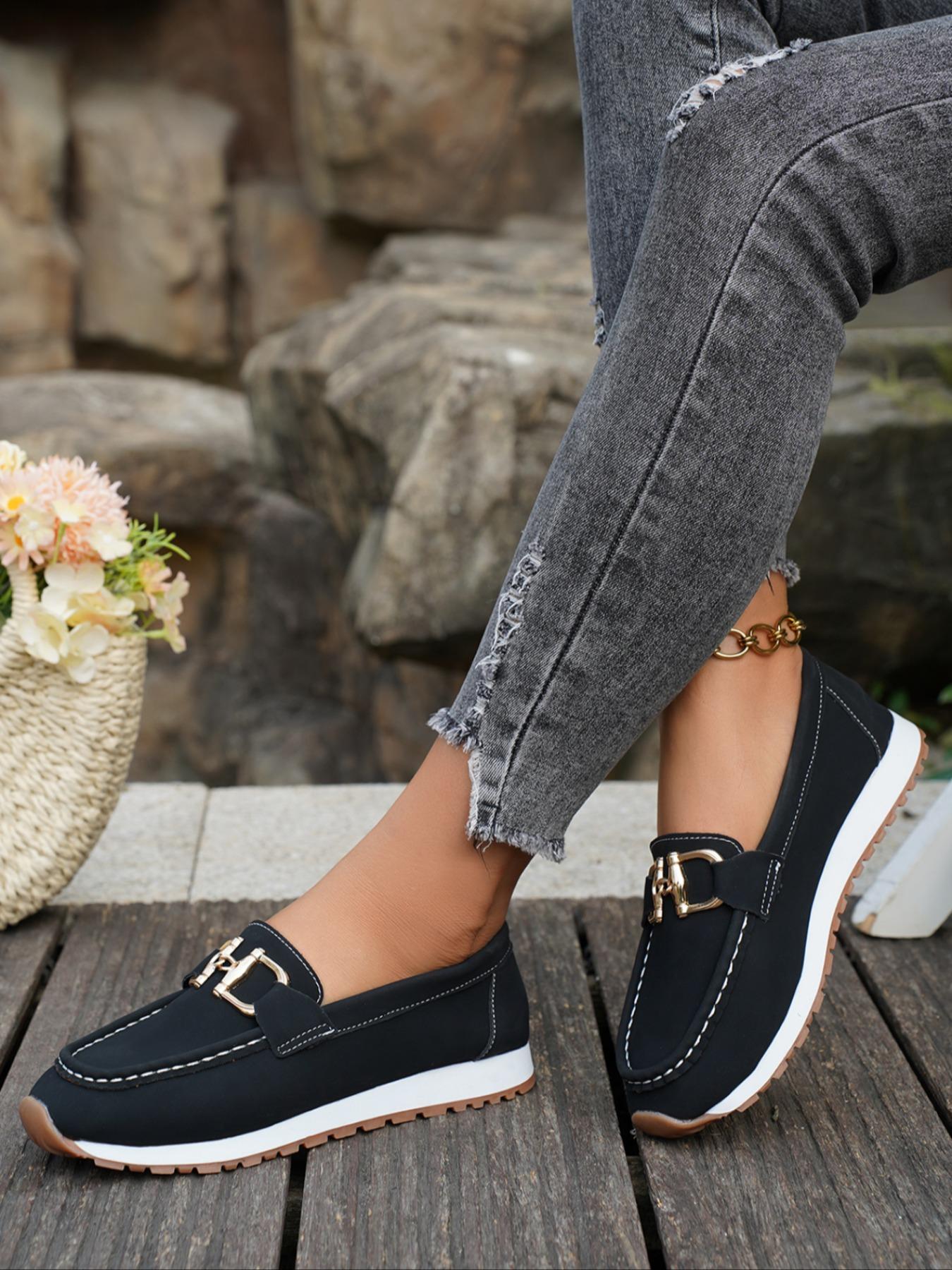 Women's Casual Slip-On Round Toe Loafers, PU Leather Comfortable Wedge Heel Shoes, Metal Buckle Decor, All Season Footwear