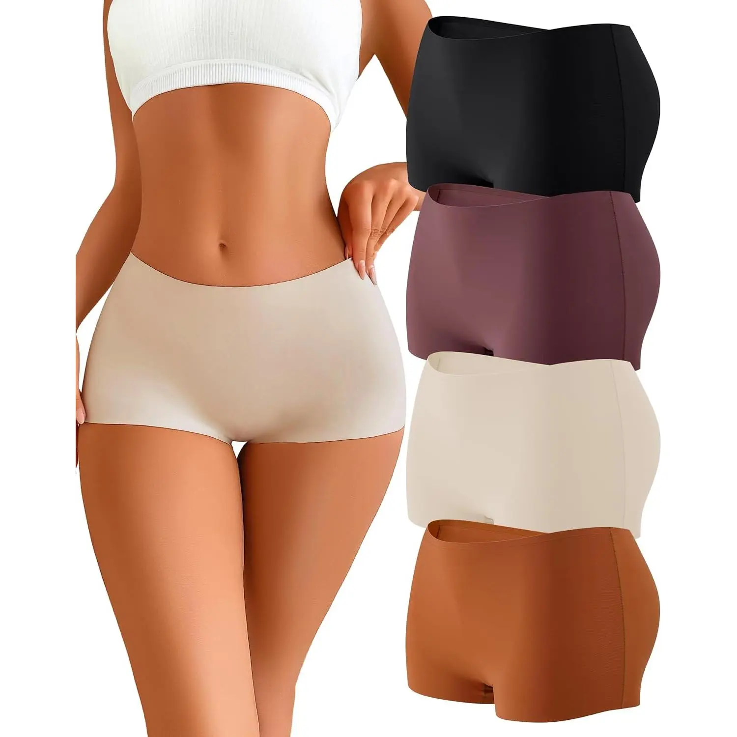 Womens Seamless Boy Shorts Underwear Soft Stretch No Show Boxer Shorts Briefs Panties for Ladies 4 Packs
