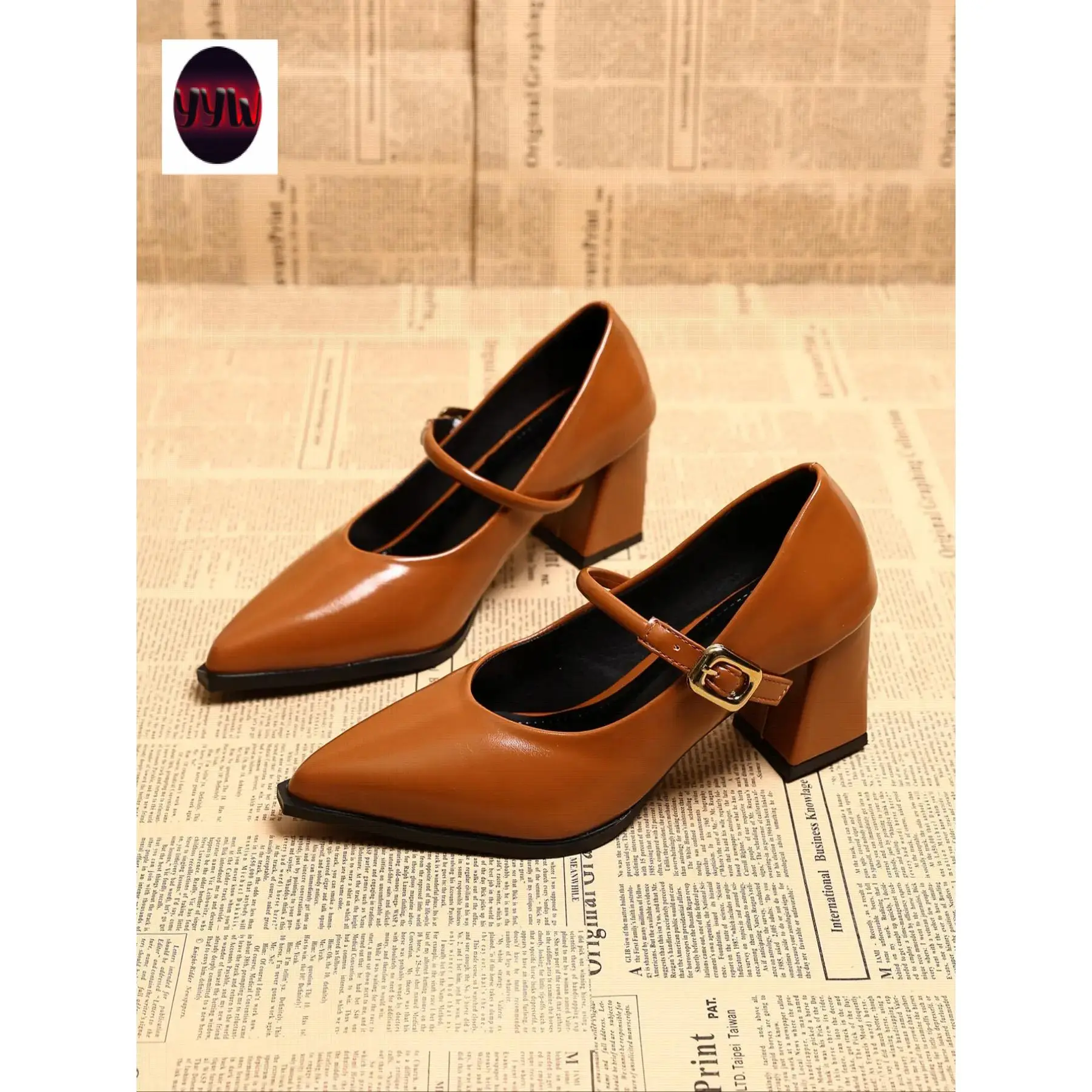 YYW1 Women's Plain Pointed-Toe Chunky Sole Heels, All Seasons Non-PU Leather Mary Flats, Elegant Fashion Footwear, Everyday Shoes, Classy Heels