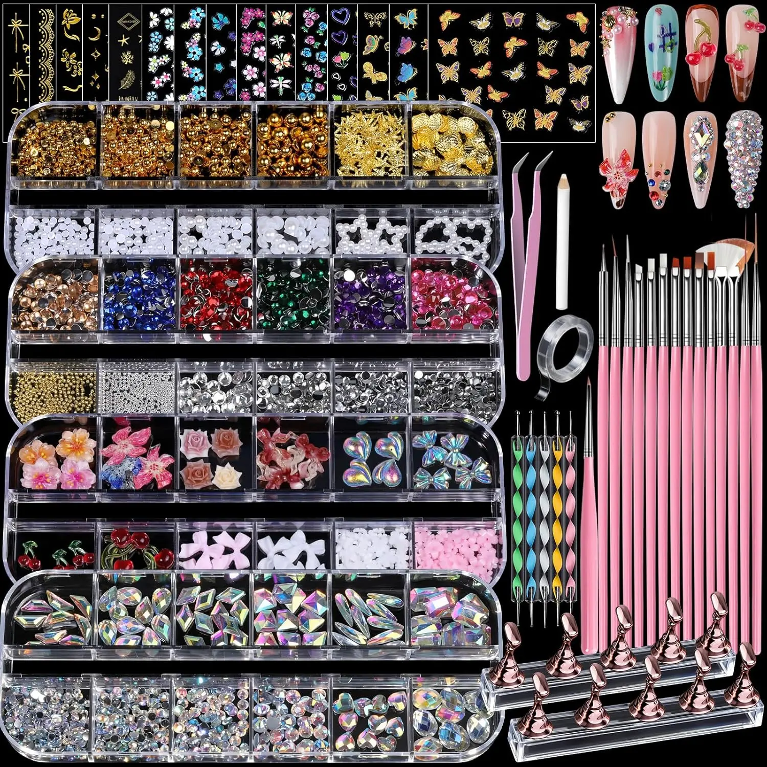 Teenitor 4 Boxes Nail Charms and Gems Set, Nail Rhinestones Nail Kit with Nail Art Brushes Nail Stand, Nail Gems Nail Design Tools with 15pcs Nail Stickers, Gold Nail Pearls for Women Nail Decorations