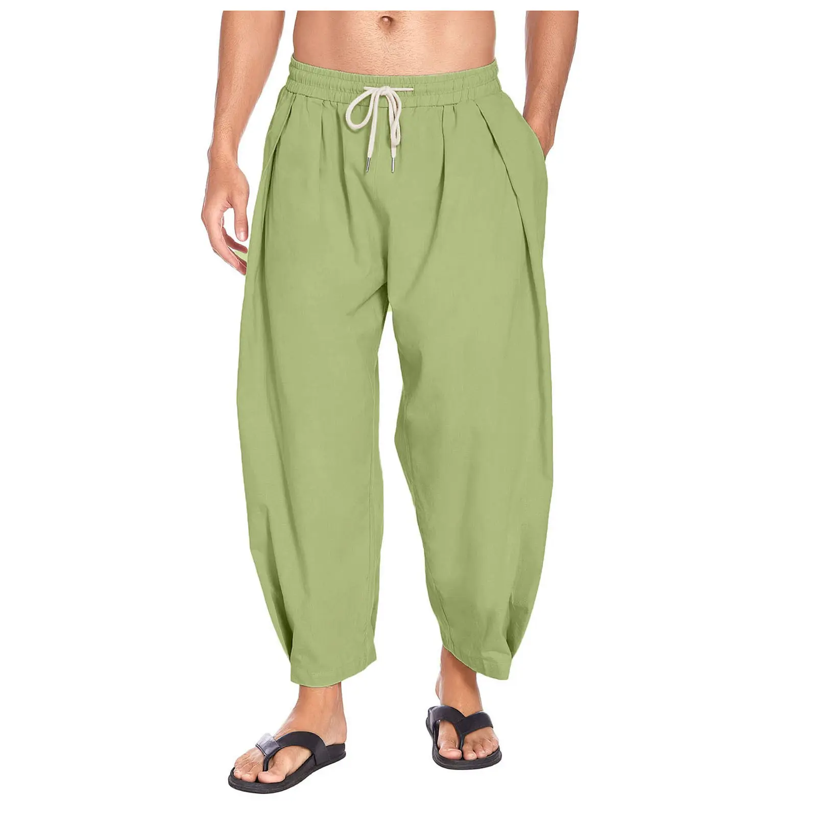 Men's Linen Cotton Harem Pants, Elastic Drawstring Waist Loose Baggy Tapered Ankle Pants, Lightweight Breathable Casual Beach Yoga Trousers with Pockets, Multiple Colors Available,clothes for back to school,first day of school outfits