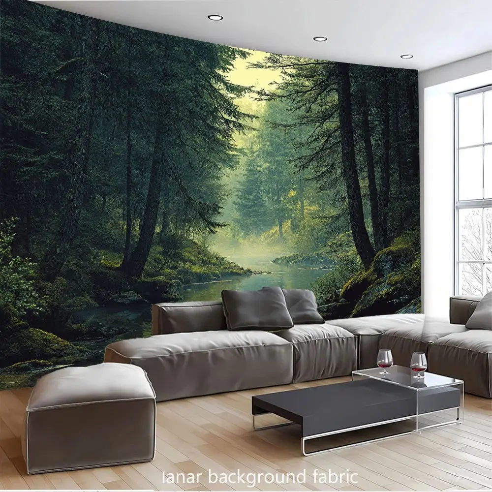 2D Flat Magic Forest Tapestry - 1-Piece Foggy Valley, Gently Meandering River Forest Scene Wall Decor, Easy-Install Home Supply, Year-Round Home Decor, Event Photography Backdrop (No Electricity Needed)