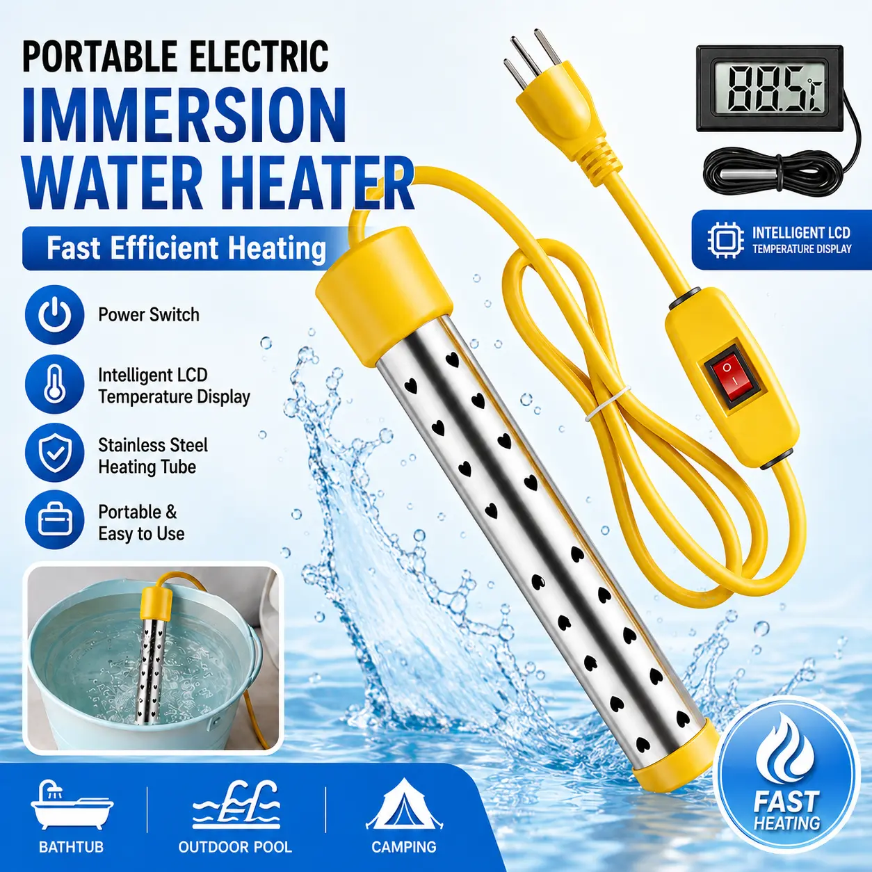 Portable Electric Immersion Water Heater with Switch & Intelligent LCD Display - Fast Efficient Heating for Bathtub, Outdoor Swimming Pool - Specialty Kitchen Utensil for Camping Trips