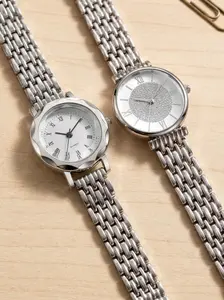 2-Pack Teen Silver Color Alloy Strap Watches, Casual Quartz Analog, Roman Numerals & Rhinestone Dual Dials, Student Daily Commute