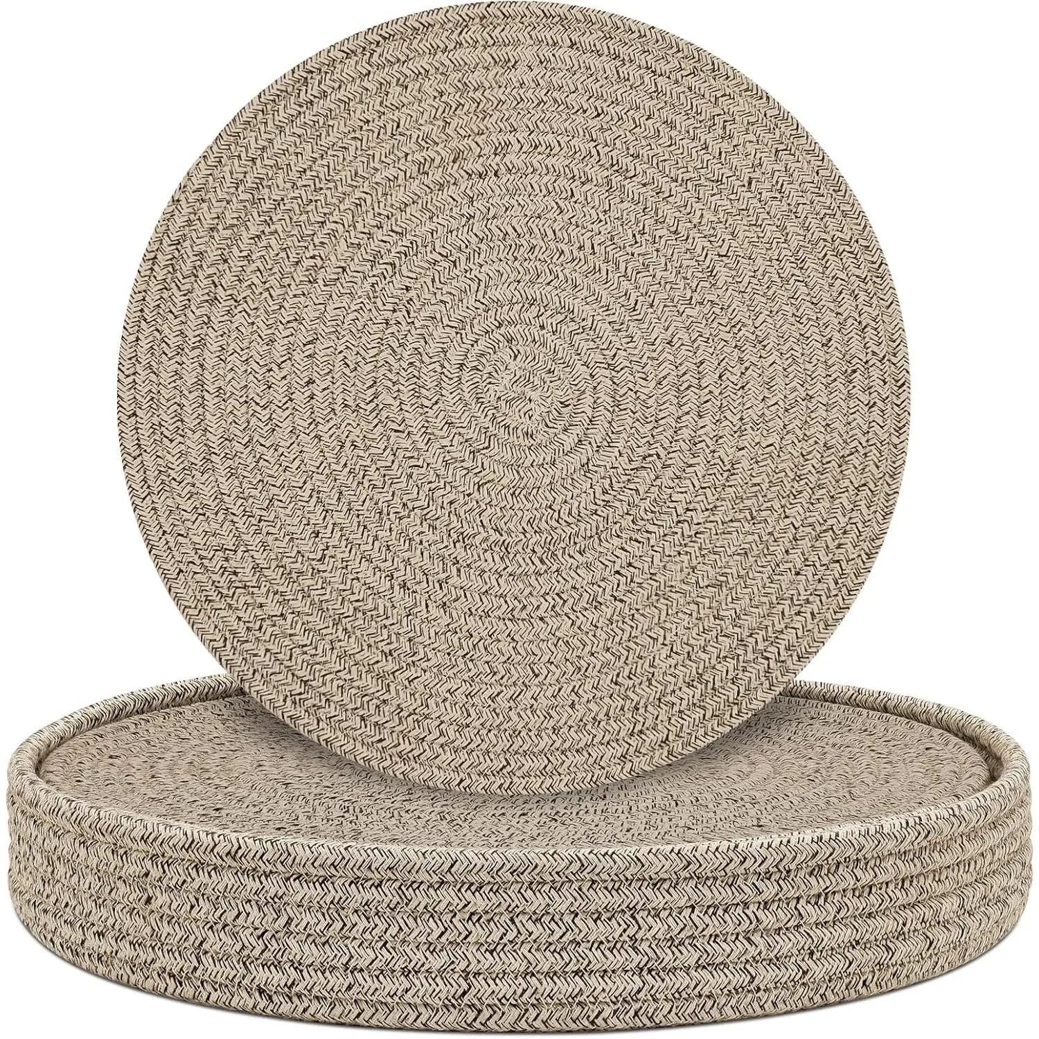 Round Placemats Set of 6 with Holder, Cotton Rope Woven Place Mats, Hot Pads for Kitchen, Heat Resistant Table Mats, 13 Inch Farmhouse Washable Braided Placemat for Kitchen Decor (Brown)