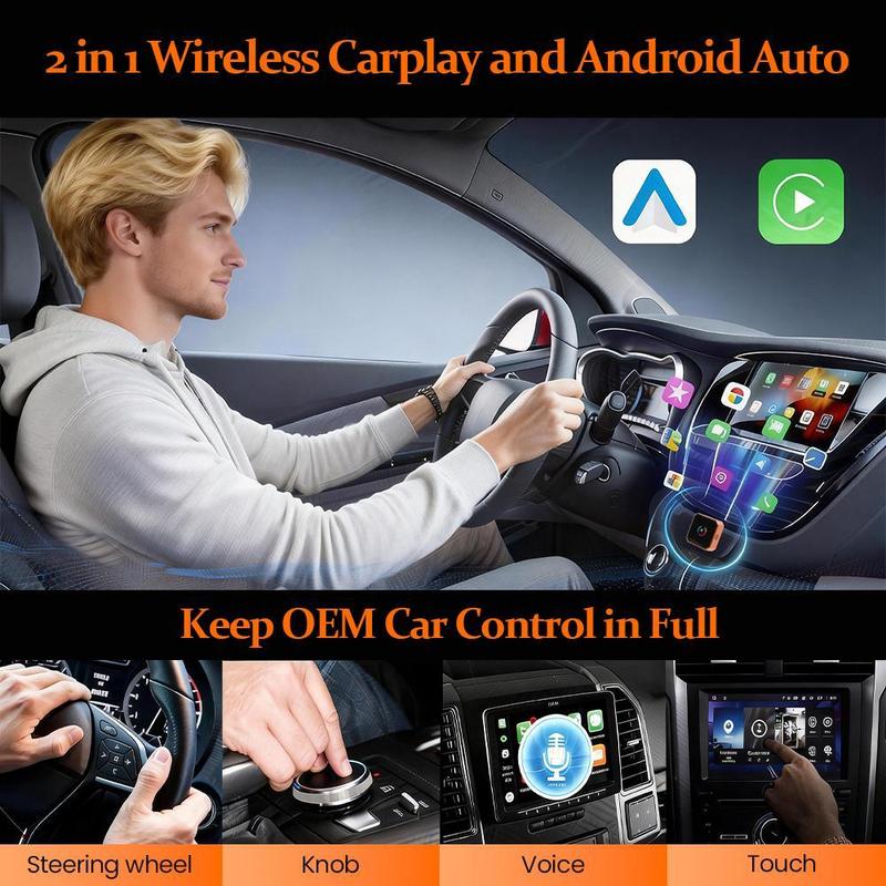 Wireless CarPlay & Android Auto Adapter, Hands-Free Calling, Plug & Play, Fast No-Delay Link, iPhone & Android Compatible