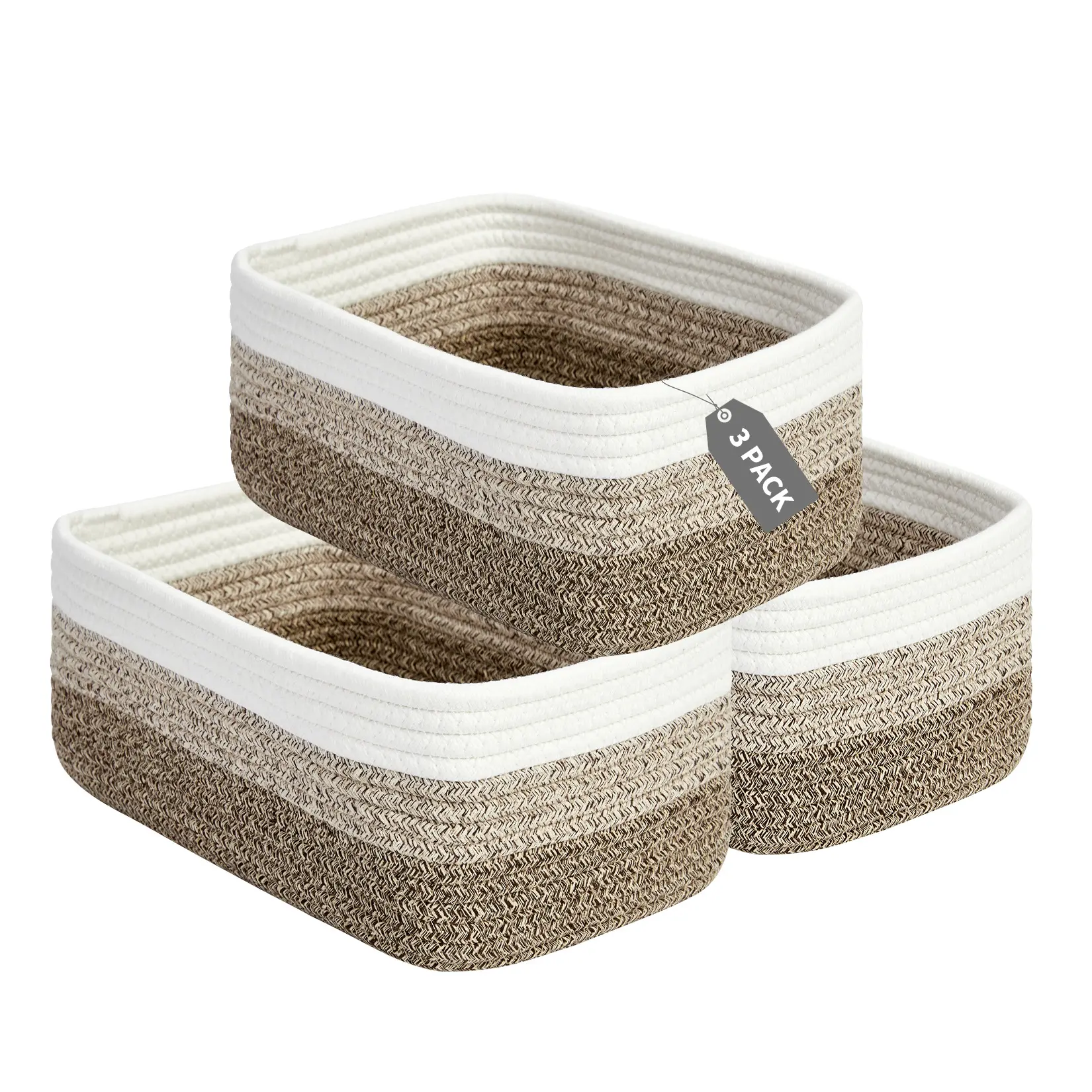 Soft Polyester Rope Storage Baskets - 3 Pack - Cotton Woven Bin for Closet, Bathroom, Nursery Toy, Shelf Organization - 11.81 x 7.48 x 4.72 in