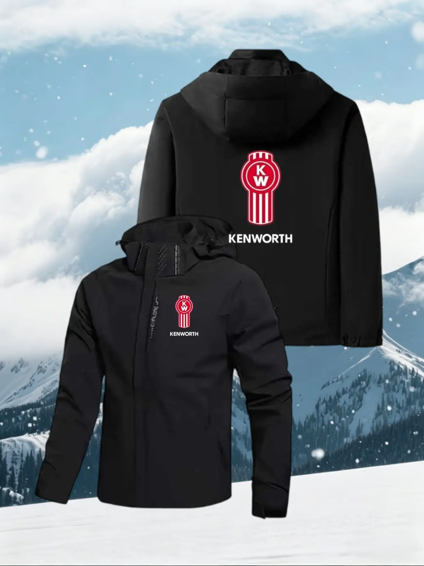 Kenworth Truck Logo Hooded Jacket, Unisex Outdoor Windproof Waterproof Coat, Geometric Pattern, Loose-Fit, All Seasons Fashion