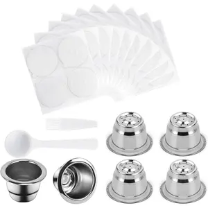 Reusable Capsules for Nespresso OriginalLine - 6pcs Espresso Refillable Pods Stainless Steel Coffee Pods Compatible for Nespresso Originaline Machine(6 Pods+200pcs Lids)