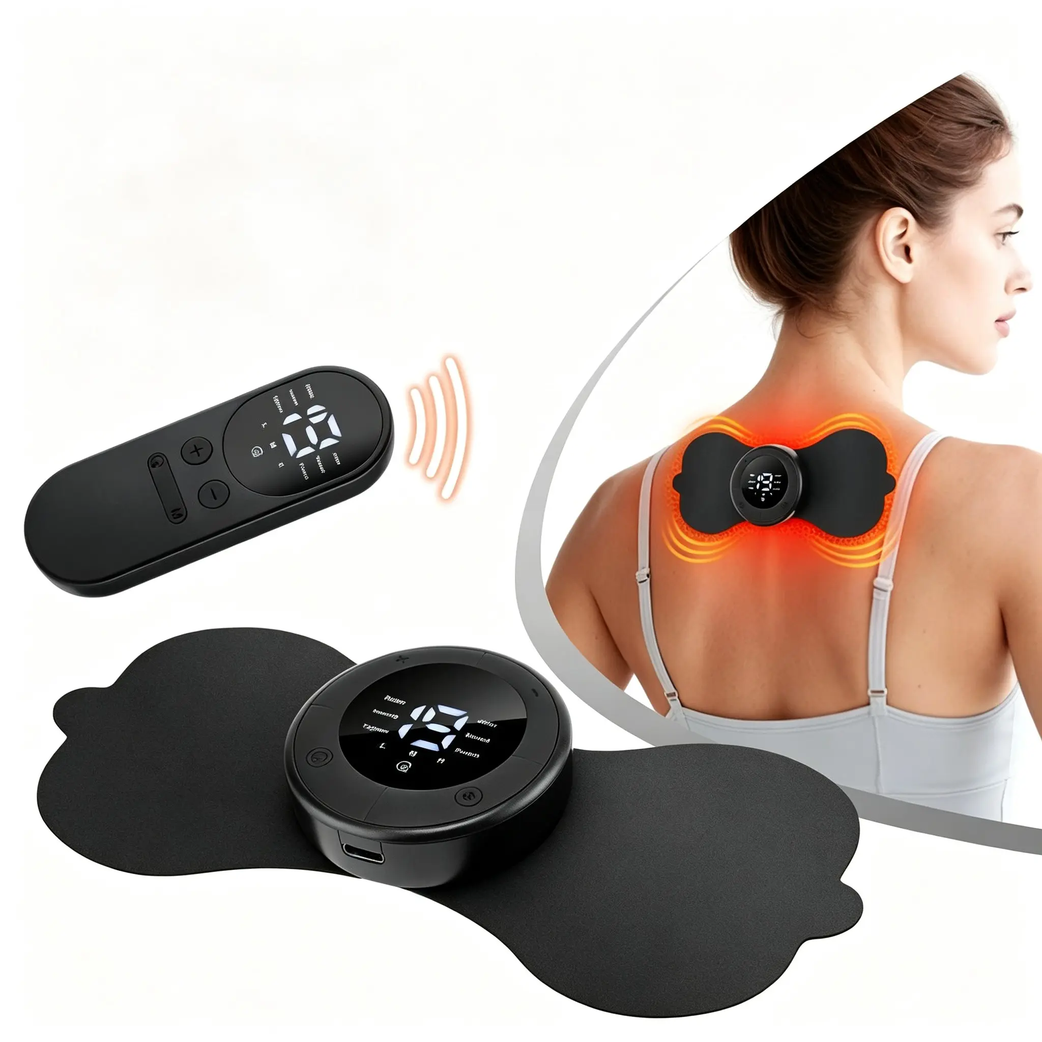 Wireless Heating Tens Massage Patch, 6 Modes 19 Levels EMS Muscle Stimulator, Type-C Charging, Washable Electrodes, Full Body Care