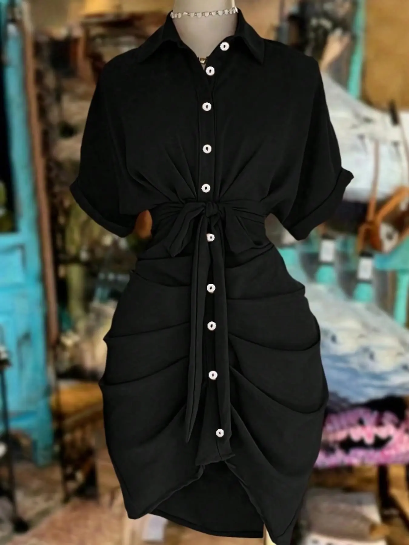 Women's Summer Dress, Lapel Single Button Tie Waist Fit Short Sleeve Shirt Skirt, Fashionable Ladies' Clothing for Warm Weather