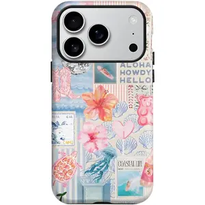 [Magnetic Compatible]for iPhone 17 Pro Case, Summer Beach Ocean Vintage Seashell Flower Collage Design Cover, Cute Aesthetic Hybrid 2-Layer Hard Shell Shockproof Phone Case for Girls Women 6.3'' iPhone 17 16 15 14 13 12 Pro Max