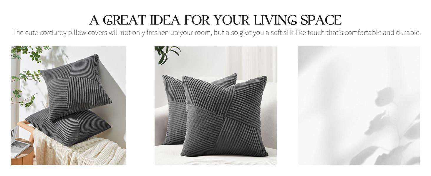 2 Decorative Darkgrey Throw Pillow Covers 22x22 Inch Soft Corduroy Pillow Covers Boho Textured Striped Patchwork Cushion for Couch Sofa Bed Cute Home
