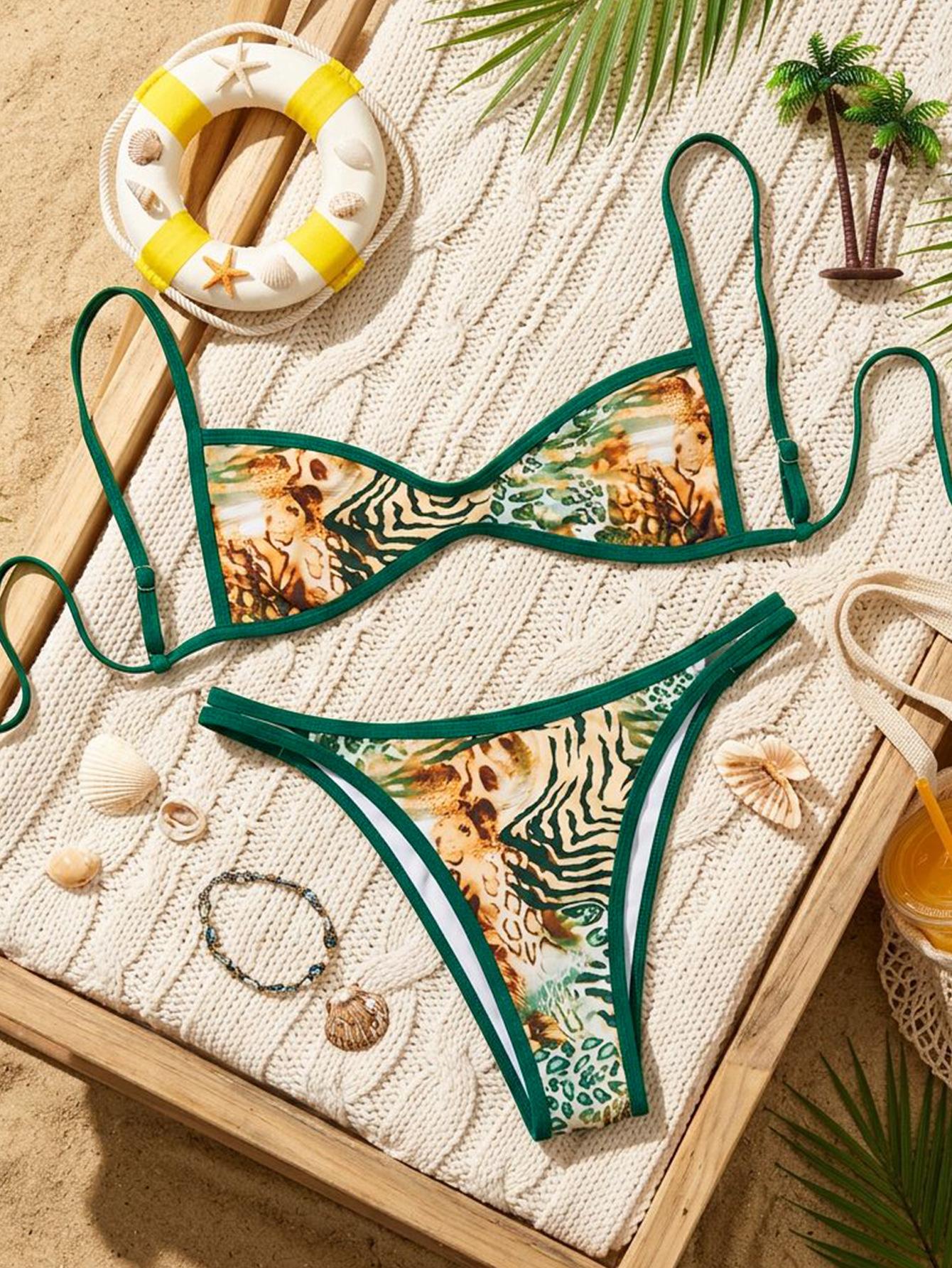 Bikini one-piece with a halter top and back tie - Pink and Blue Patterned Bikini Set for Women