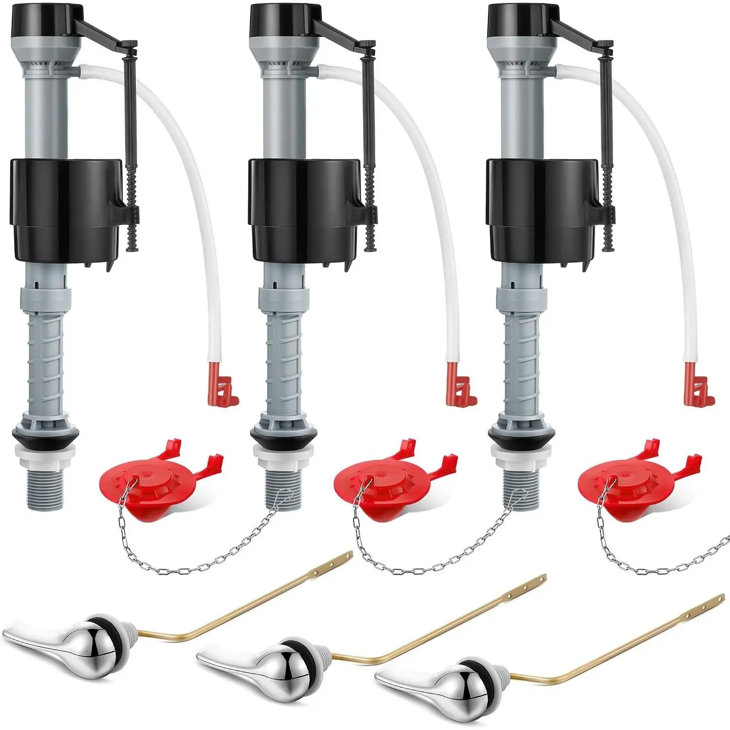 3 Set Universal Toilet Tank Replacement Kit, Include Fill Valve, 2 Inch Low Flow Rubber Flapper, Side Mount Toilet Flush Brass Handle, Adjustable, Quiet, Easy Install Repair Kit