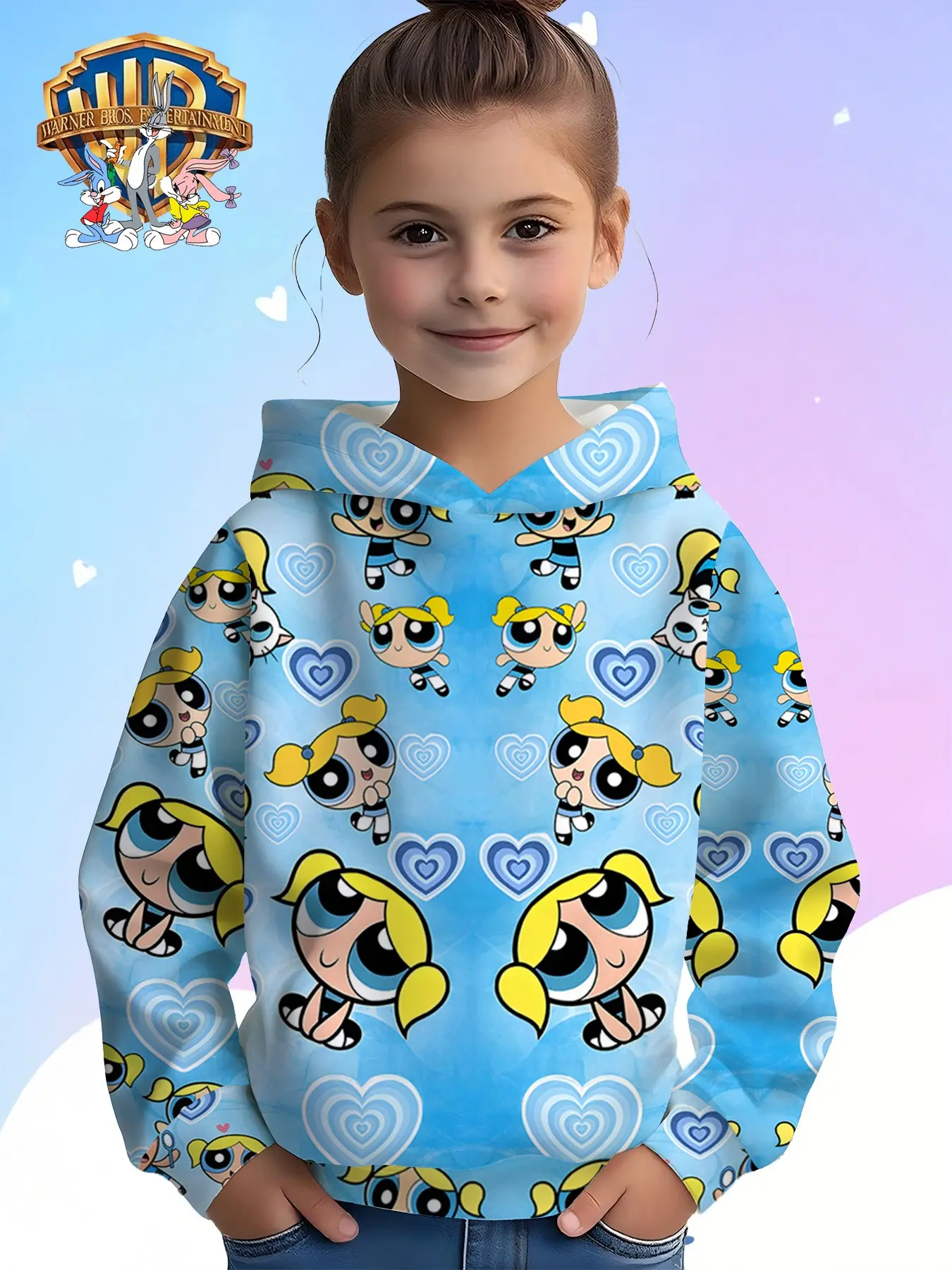 Powerpuff Girls Bubbles Kids Hoodie, Casual Loose-Fitting Cartoon Heart Print, Fall & Winter Daily Wear, Official Wb Licensed