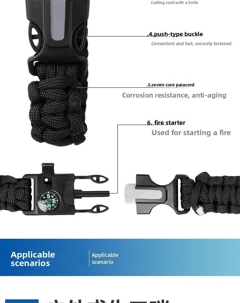 Outdoor Sports Foldable Survival Bracelet Whistle Outdoor Survival Five-in-One Multifunctional Compass Flint Rope Braided Bracelet Camping Pro Off-Road Electric Mountain Bike