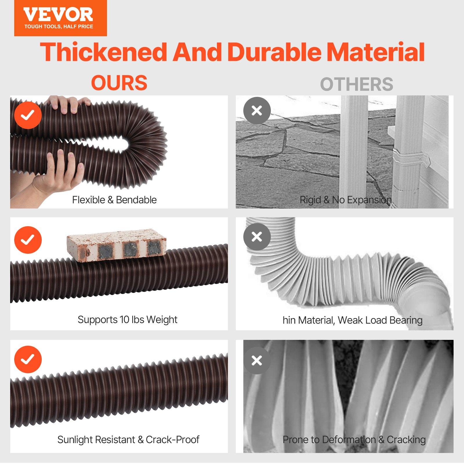 VEVOR Rain Gutter Downspout Extensions, 2-Pack Flexible Downspout Extender, Down Spout Drain Extension Extendable from 22" to 63", Gutter Extensions with Adapters, for Rainwater Drainage, Brown