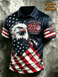 Patriotic American flag men's polo shirt with bald eagle print, commemorating the 250th anniversary of the American Revolution (1776). A polo shirt gift for July 4th, 2026.