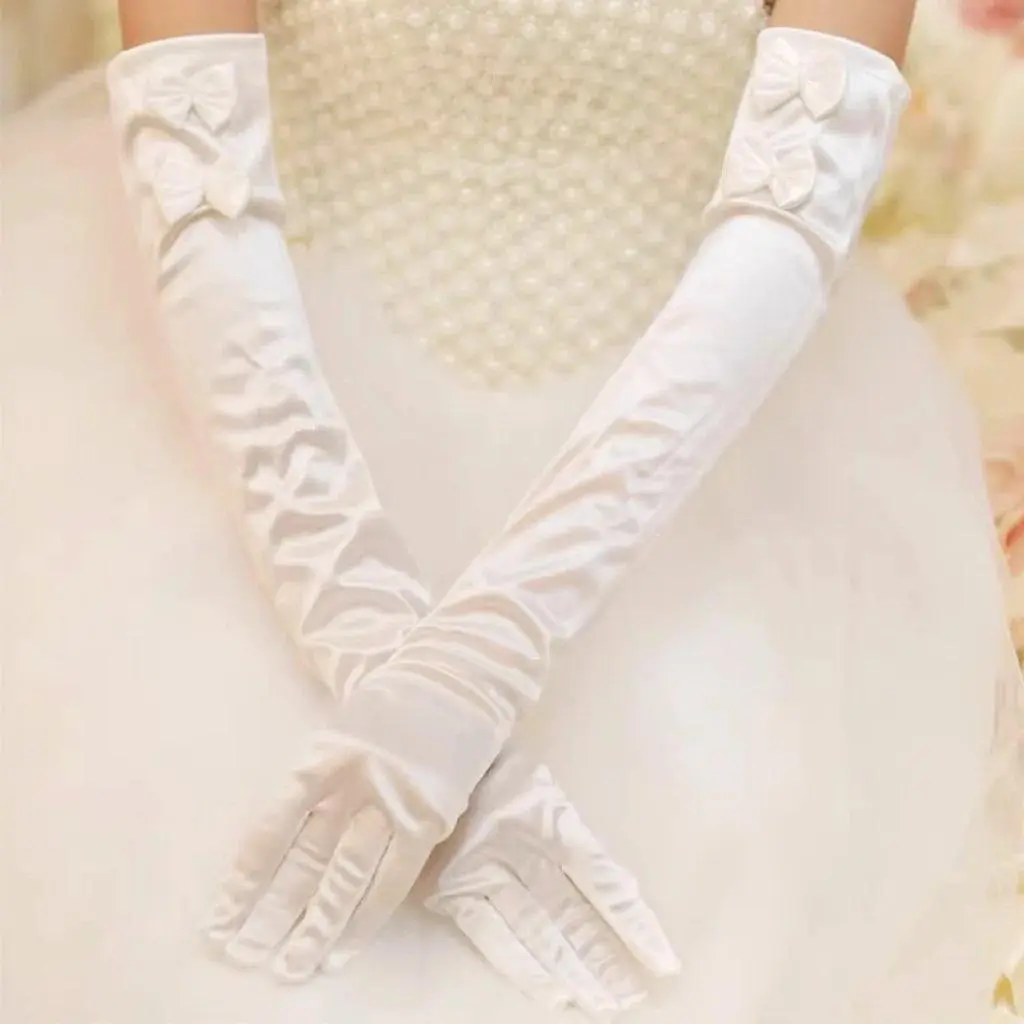 Women's Elegant Look Ivory Satin Long Gloves - Vintage Wedding Evening Wear Fashion Accessory for Female, Long Length