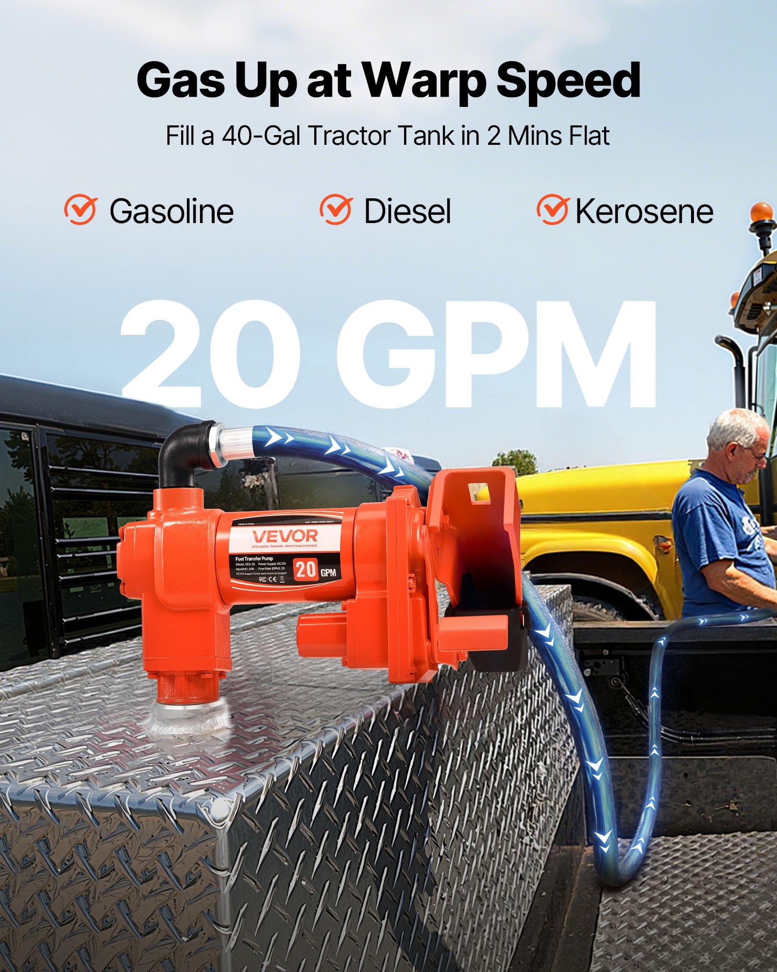 VEVOR Fuel Transfer Pump, 12V DC 20 GPM 1/4 HP Diesel Pump, Extractor Pumps with Manual Nozzle, Discharge Hose and Suction Pipe, for Gasoline, Diesel, Kerosene, Ethanol-Methanol Blends & Biodiesel VEVOR Fuel Transfer Pump, 12V DC 20 GPM 1/4 HP Diesel Pump, Extractor Pumps with Manual Nozzle, Discharge Hose and Suction Pipe, for Gasoline, Diesel, Kerosene, Ethanol-Methanol Blends & Biodiesel