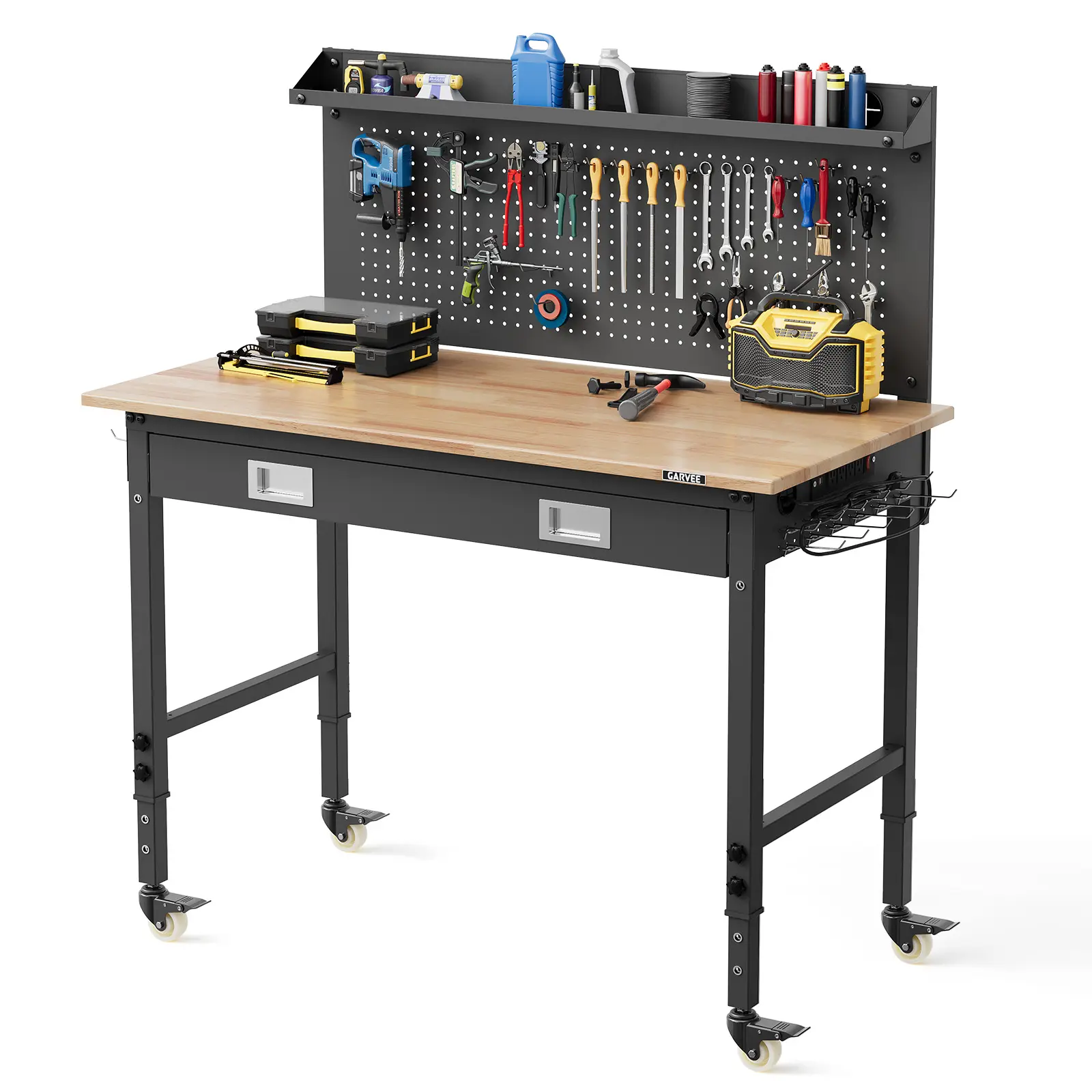 Heavy-Duty Garage Workbench 48x24 | Rubberwood Top 2000 lb Load | 6-Level Height Adjustable LED Light Strip Drawer ETL Outlets Pegboard & Swivel Casters