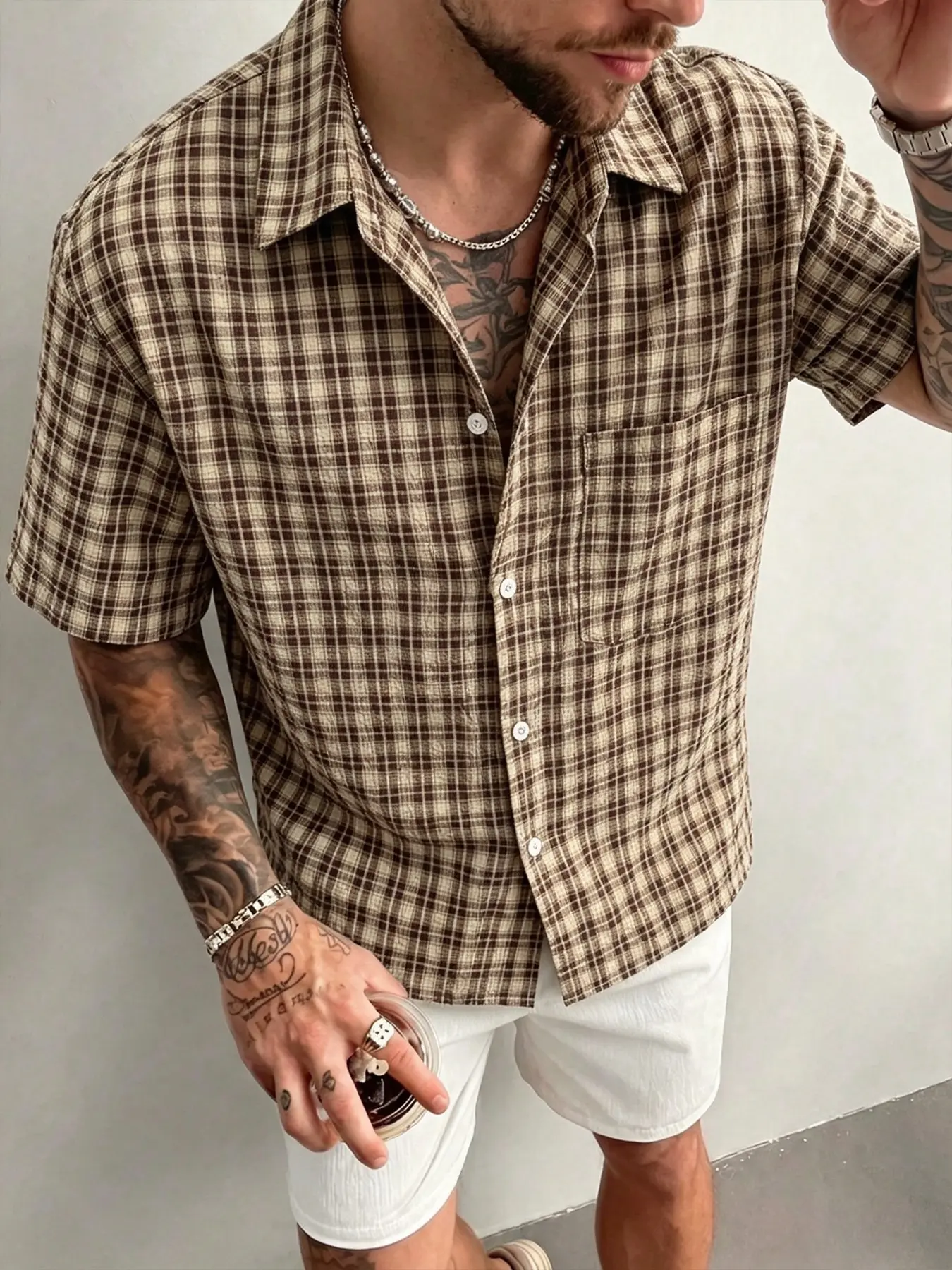 Men's Plaid Short Sleeve Button-Down Shirt, Vintage Plaid with Chest Pocket, Loose Fit Casual Streetwear Top, All Seasons Blouse