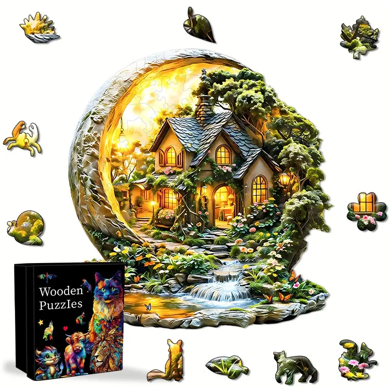 Irregular Wooden Jigsaw Puzzle, Enchanted Forest Cottage with Waterfall, Premium Wood, Wall Art Decor, Birthday Gift for Puzzle Lovers