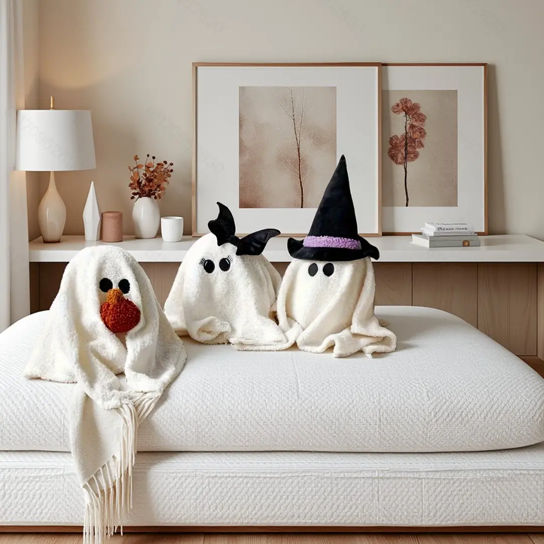 Ghost Shaped Throw Pillow, 1 Count Cute Warm Ghost Sofa Pillow with Pumpkin & Bowknot, Holiday Home Decoration Cushion Pillow, Home Decoration, Sofa Cushions