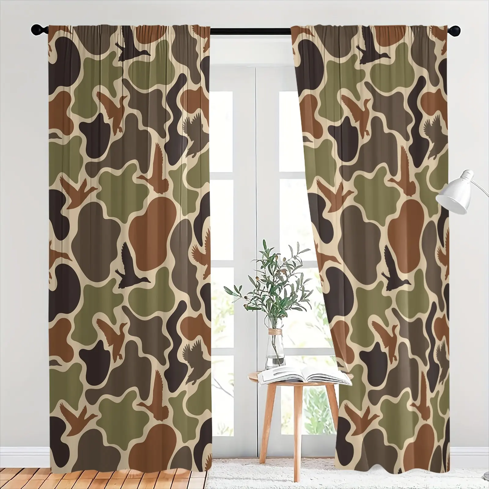 2 Panels Camouflage Decorative Curtains, Vintage Camo Duck Print, Rod-pocket Style Light Filtering Drapes for Living Room Kitchen Bedroon Living Farmhouse